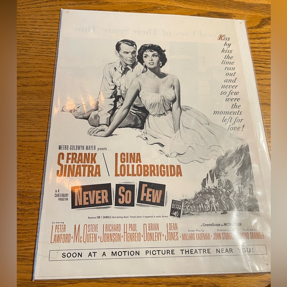Never So Few Frank Sinatra Gina Lollobrigida Vintage Movie Poster Old Hollywood